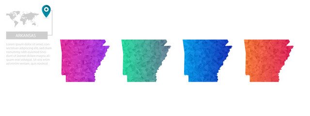 Set of vector polygonal Arkansas maps. Bright gradient map of country in low poly style. Multicolored country map in geometric style for your infographics, polygonal design for your ,Vector eps10