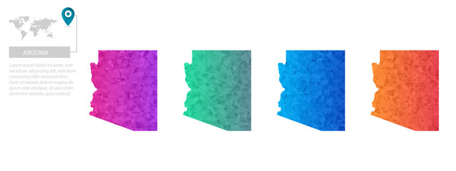 Set of vector polygonal Arizona maps. Bright gradient map of country in low poly style. Multicolored country map in geometric style for your infographics, polygonal design for your ,Vector eps10