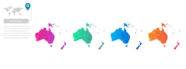 Set of vector polygonal Australia maps. Bright gradient map of country in low poly style. Multicolored country map in geometric style for your infographics, polygonal design for your ,Vector eps10