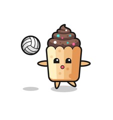 Character cartoon of cupcake is playing volleyball