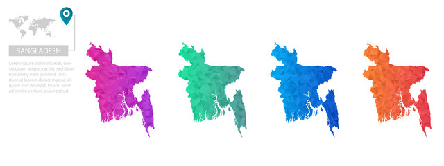 Set of vector polygonal Bangladesh maps. Bright gradient map of country in low poly style. Multicolored country map in geometric style for your infographics, polygonal design for your ,Vector eps10