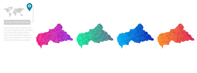 Set of vector polygonal Central Afric maps. Bright gradient map of country in low poly style. Multicolored country map in geometric style for your infographics, polygonal design for your ,Vector eps10