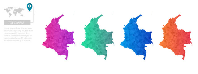 Set of vector polygonal Colombia maps. Bright gradient map of country in low poly style. Multicolored country map in geometric style for your infographics, polygonal design for your ,Vector eps10
