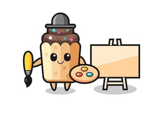 Illustration of cupcake mascot as a painter