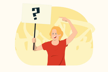 Young protesting woman point index finger on protest sign broadsheet placard concept