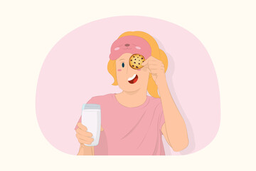 Young woman relaxing at home hold glass of milk cover eye with cookie concept