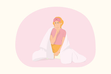 Young woman relaxing at home sitting wrap cover under blanket duvet do shhh gesture concept