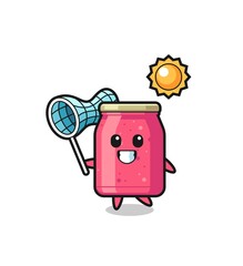 strawberry jam mascot illustration is catching butterfly