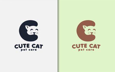 Initial Letter C with Cat Head Combination, Minimalist Logo Design Illustration.