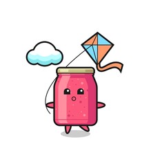 strawberry jam mascot illustration is playing kite