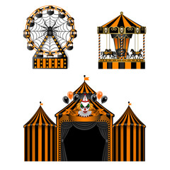 Halloween luna park elements. horror amusement park. isolated circus, carousel and ferris wheel