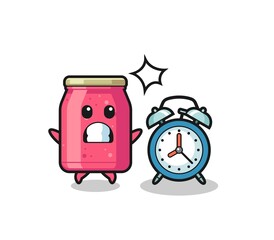 Cartoon Illustration of strawberry jam is surprised with a giant alarm clock