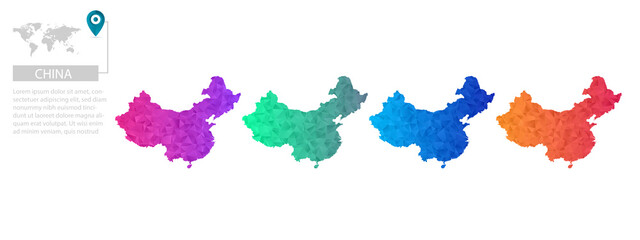 Set of vector polygonal China maps. Bright gradient map of country in low poly style. Multicolored country map in geometric style for your infographics, polygonal design for your ,Vector eps10