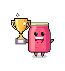 Cartoon Illustration of strawberry jam is happy holding up the golden trophy