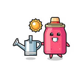 Cartoon character of strawberry jam holding watering can