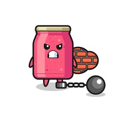 Character mascot of strawberry jam as a prisoner