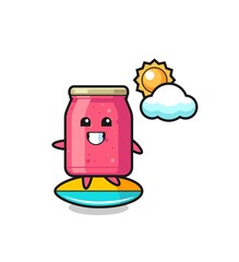 Illustration of strawberry jam cartoon do surfing on the beach