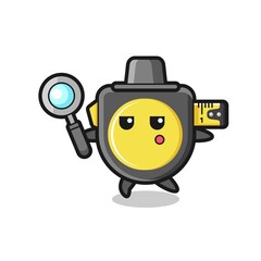 tape measure cartoon character searching with a magnifying glass