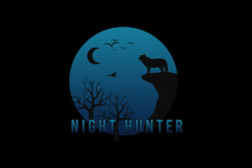 Night hunter, silhouette retro vintage style hand drawing