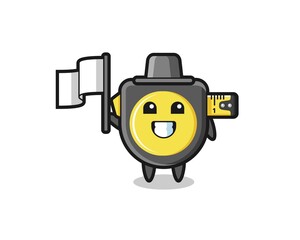 Cartoon character of tape measure holding a flag