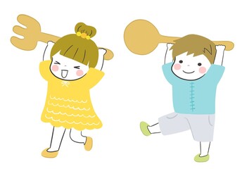 笑顔でスプーンとフォークを運ぶかわいい女の子と男の子