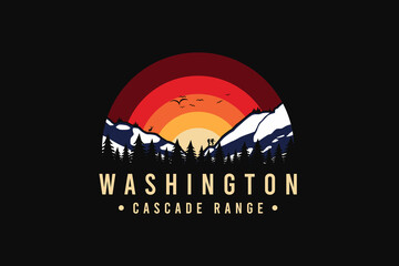 Washington cascade range, silhouette retro style