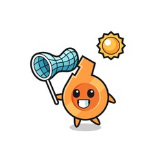 Fototapeta premium whistle mascot illustration is catching butterfly