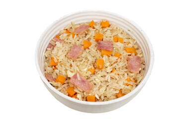 Fried rice with egg ham carrot in bowl isolated on white background, top view, food and drink concept.