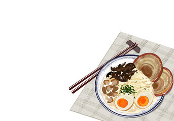 Fototapeta na wymiar Pork and eggs boil noodles with mushrooms, seaweed and spring onions. Isolated bowl of noodles and chopsticks on plate mat on white background. Asian food top view vector illustration. 
