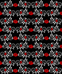 Red roses with white leaves on black background