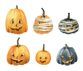 A set of pumpkins for Halloween. Watercolor illustration. Halloween. Autumn holidays.