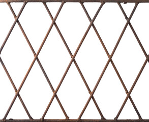 forged rusty metal protective grille isolated on white, geometric background texture for designing,old weathered iron grating seamless pattern structure closeup view
