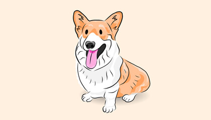 Red-white Pembroke Welsh Corgi dog smile and sit down on floor with shadow. Cartoon style