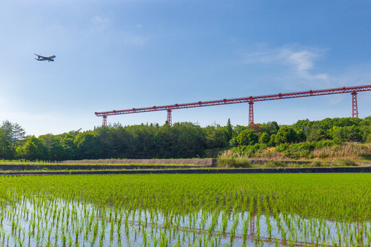 田園地帯にを飛行する旅客機　広島県三原市広島空港
