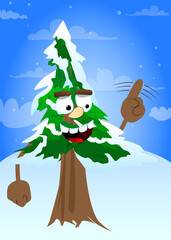 Cartoon winter pine trees with faces saying no with his finger. Cute forest trees. Snow on pine cartoon character, funny holiday vector illustration.