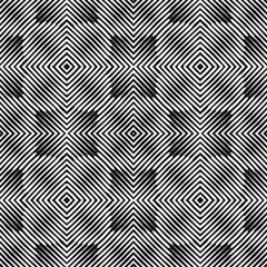 Geometric striped seamless pattern. Black and white vector lines background. Repeat patterned backdrop. Abstract modern ornaments with stripes, rhombus, zigzag lines, shapes. Optical illusion effect