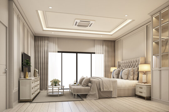 interior design modern classic style of bedroom with white wood and gold steel texture and gray furniture bed set with windows and sheer curtain on wooden floor 3d rendering interior