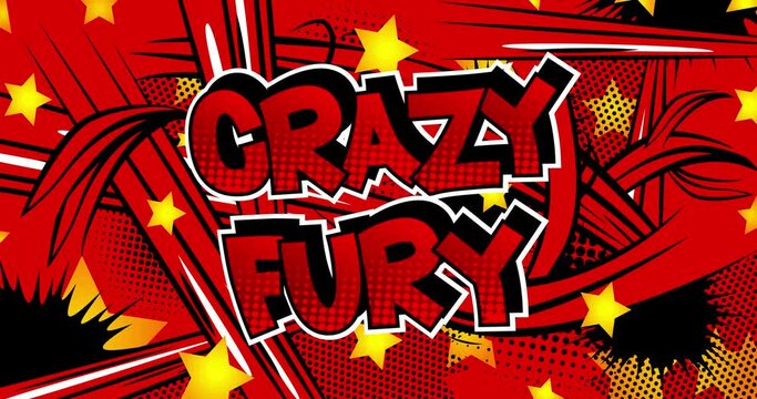 Crazy Fury. Motion poster. 4k animated red Comic book word text moving back and forth on abstract comics background. Retro pop art style.