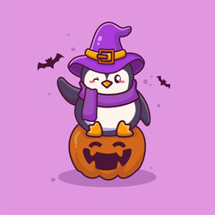 Cute penguin wearing hat witch sitting on pumpkin halloween cartoon