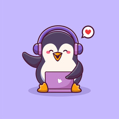 Cute penguin with headphone working on a laptop icon cartoon illustration