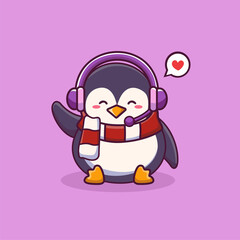 Cute happy penguin with headphone cartoon icon illustration. animal nature icon concept isolated 