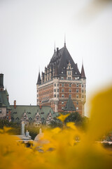 View of the Château Frontenac in Quebec City, Canada with yellow leaves in the foreground