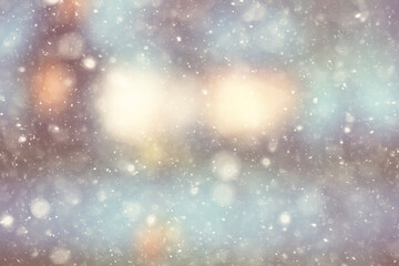 Fototapeta premium colorful background snow snowfall evening christmas lights, soft light blurry