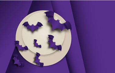 3d Violet paper background with violet bats on the white moon. Vector Halloween greeting card background. Eps 10