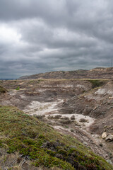 A valley snakes its way through the badlands of Alberta near Drumheller, formed thousands of years ago by glacial meltwater.