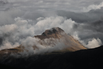 Mountain peak in dramatic clouds in Jasper National Park, Canada