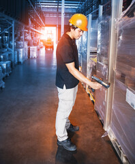 Warehouse Worker Scanning Bar Code Scanner with Package Boxes. Computer Work Tools for Warehouse...