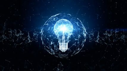 Creative idea concept, Technology digital data network connection with lamp on blue background, Motion abstract background. 3d Rendering
