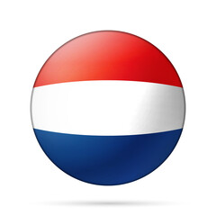 Glass light ball with flag of Netherlands. Round sphere, template icon. Dutch national symbol. Glossy realistic ball, 3D abstract vector illustration highlighted on a white background. Big bubble
