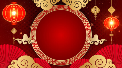 Golden and Red Chinese Decorative Classic Festive Background for a Holiday. Traditional Lunar Year Background with Hanging Lanterns and Cloud Chinese Fan. 3d Rendering
